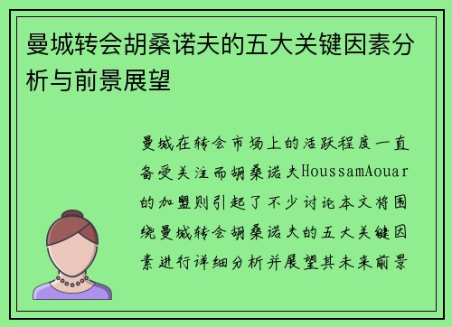 曼城转会胡桑诺夫的五大关键因素分析与前景展望